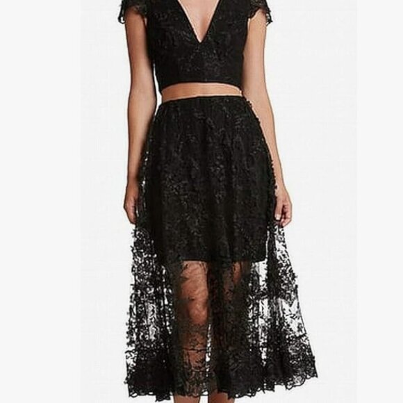 Dress The Population Black Lace Two Piece Lace Crop Top & Midi Skirt Size Small - Picture 14 of 16